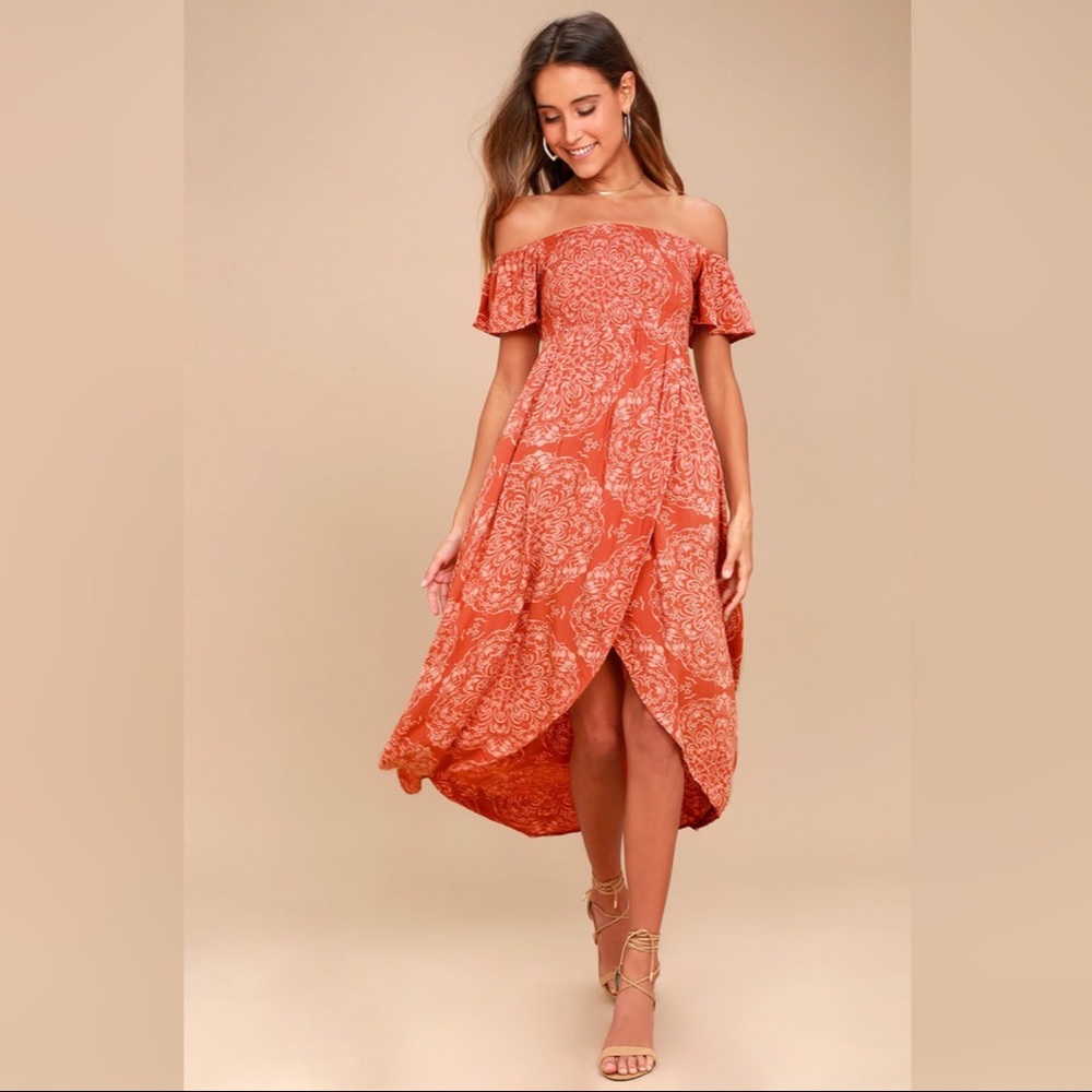 Aviva Terra Cotta Print Off-the-Shoulder Midi Dress
